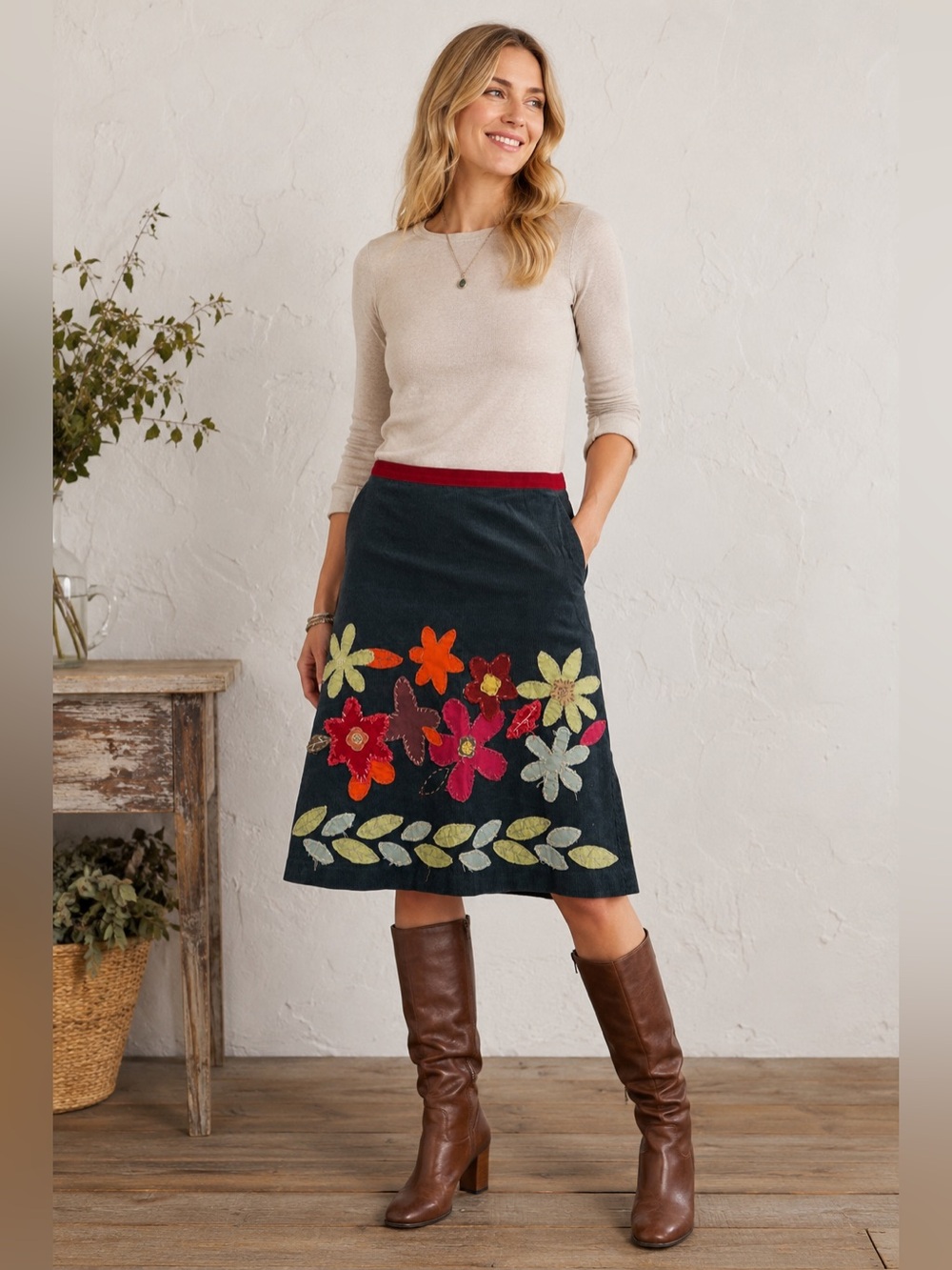 Boden 10R Corduroy Floral Appliqué A-Line Skirt Art to Wear Whimsical Folk Art